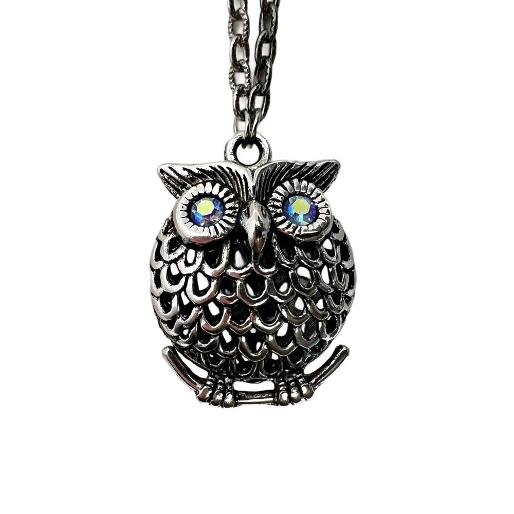 Puffy 3D Owl Pendant with Periwinkle Rhinestone Eyes Antique Silver Tone
